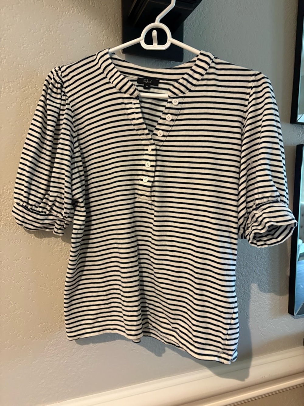 Rails Black & White Striped Puff Sleeve Henley Tee